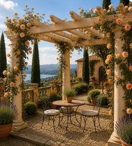 Gorgeous italian-style scene with stone pergola columns and beautiful roses growing over the wooden rafters.