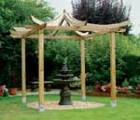 An Asian inspired pergola has fabulous curved rafters and turrets.