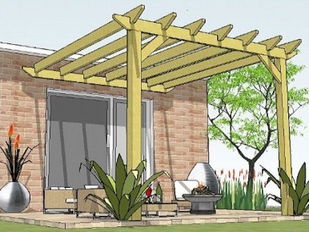 Copyright image: The original attached lean-to pergola plans, with straight rafter tails.