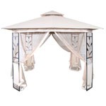 Metal gazebo with fabric shades.