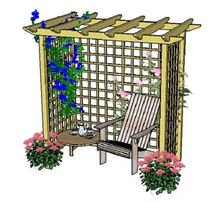 Copyright image: An arbour with trellis, chair and table.