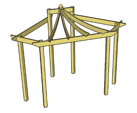 Copyright image: An unusual Asian corner pergola, with beautiful curved rafters, created from the step-by-step pergola plans. 