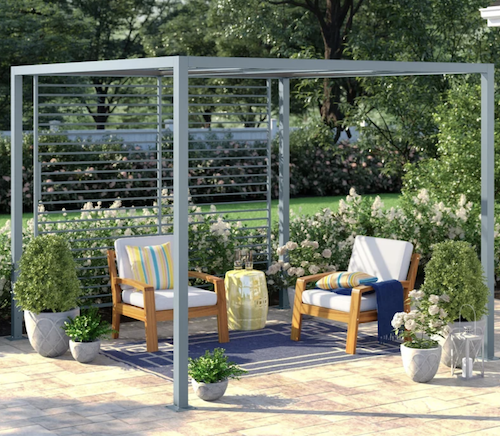 Gorgeous metal pergola kit in blue grey with retractable shades