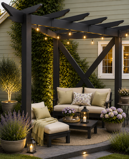 Copyright Image: Simple and stylish. David’s beautiful corner pergola, made from the plans, with distinctive crossed supports, curved rafter ends and cosy outdoor furniture and accessories. Copyright Image: Simple and stylish. David’s beautiful corner pergola, made from the plans, with distinctive crossed supports, curved rafter ends and cosy outdoor furniture and accessories.