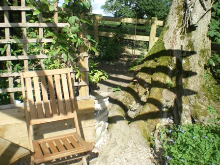 Garden Design with corner pergola and tree roots.