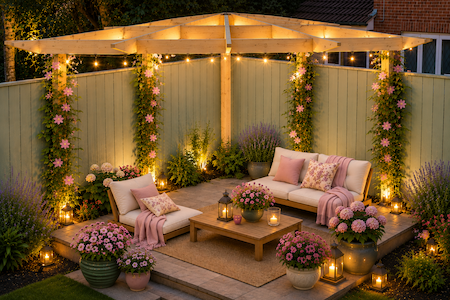 Copyright image: Tony's gorgeous triangular pergola with decking, wonderful accessories, lighting and garden furniture, adapted from the corner pergola plans. Copyright image: Tony's gorgeous triangular pergola with decking, wonderful accessories, lighting and garden furniture, adapted from the corner pergola plans.