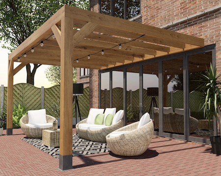 Beautiful attached wooden lean-to pergola.