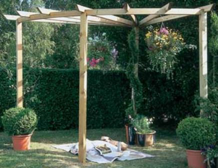 Radial corner pergola with curved beam.