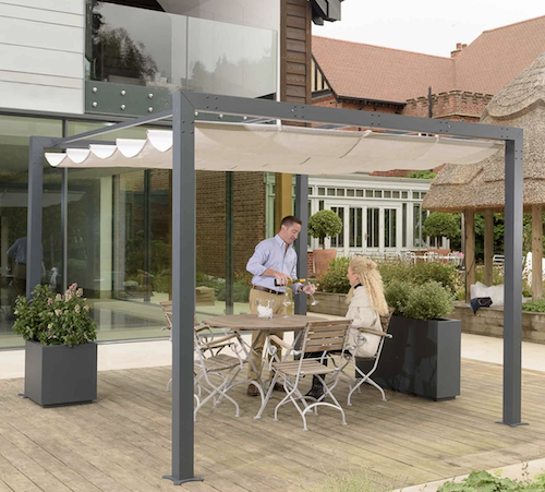 Modern metal pergola with a retractable canopy.