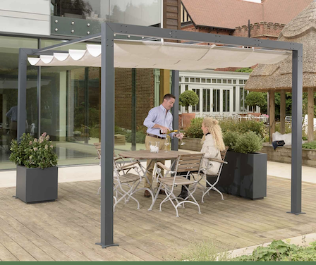Modern metal pergola with retractable shades