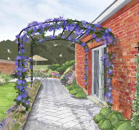 Attached metal rose arch walkway lean-to