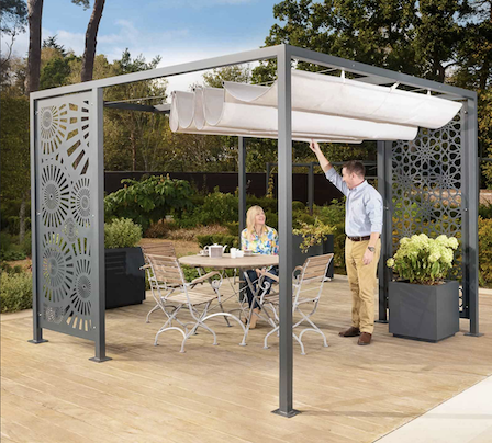 Modern metal pergola with fretted scroll panels.