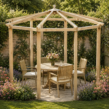 Copyright image: A fantastic pitched roof hexagonal pergola made from the featured plans. Copyright image: A fantastic pitched roof hexagonal pergola made from the featured plans.