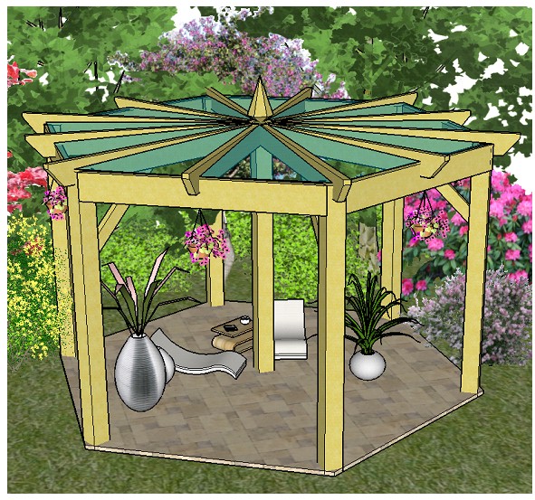 Copyright image: A beautiful large hexagonal pergola with centre post support, built from the step-by-step pergola plans. Copyright image: A beautiful large hexagonal pergola with centre post support, built from the step-by-step pergola plans.