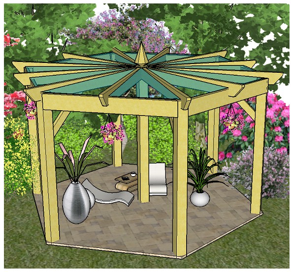 Copyright image: A beautiful large hexagonal pergola with centre post support, built from the step-by-step pergola plans.