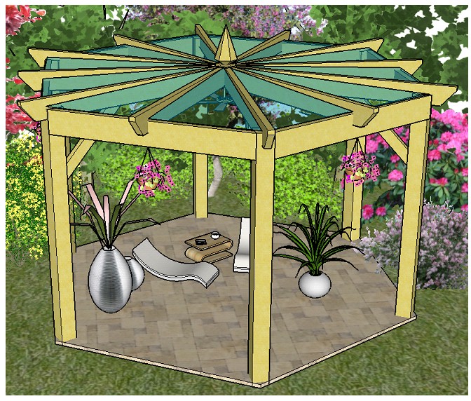 Copyright image: A beautiful large hexagonal pergola, built from the step-by-step pergola plans.