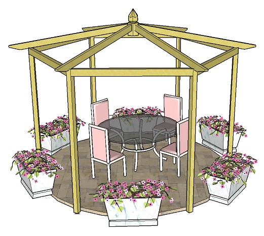 Copyright image: A beautiful pitched roof hexagonal pergola, on a patio, made from the pergola plans.