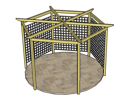 Copyright image: A hexagonal pergola, with six radiating rafters and trellis, made from the step-by-step pergola plans. 