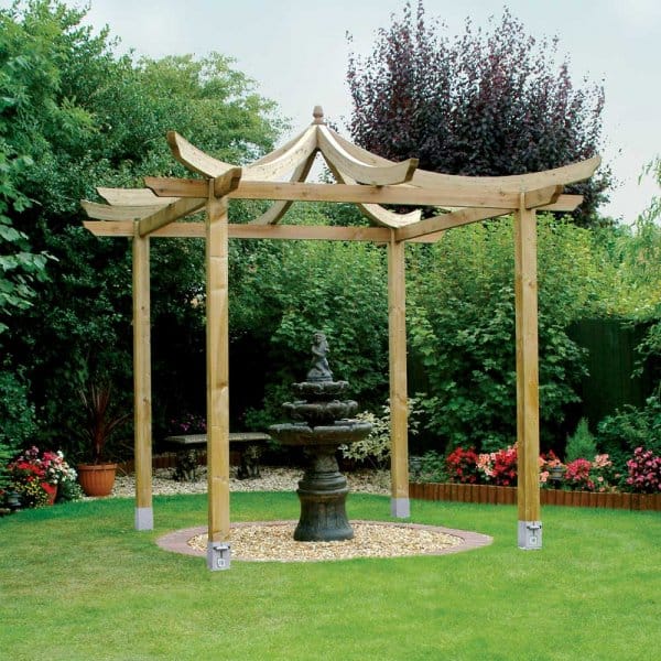 Asian pergola with curved rafters.