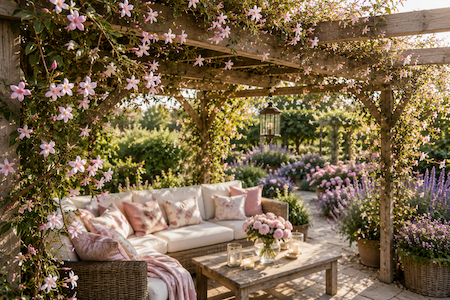 Copyright image: Jasminum × stephanense growing over a pergola with beautifully fragrant pink flowers, purple planting and comfortable garden seating.