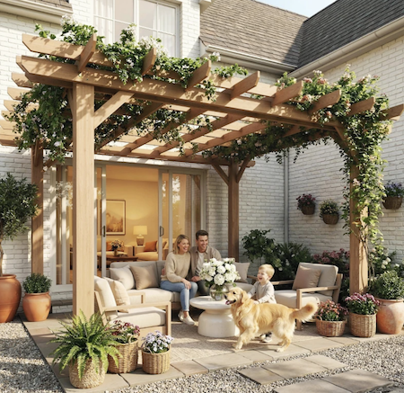 Traditional pergola next to house with double beams