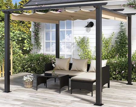 Metal canopy pergola in cream.