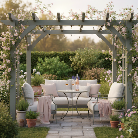 Copyright image: Beautiful painted olive green pergola with a pink rambler rose growing through the rafters.