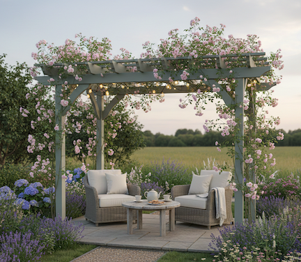 Olive green mediterranean style pergola with pink rambler rose growing through pergola rafters and purlins.