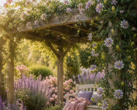 Copyright Image: Passion flower growing over a pergola, surrounded by pink roses and purple flowering plants. Copyright Image: Passion flower growing over a pergola, surrounded by pink roses and purple flowering plants.