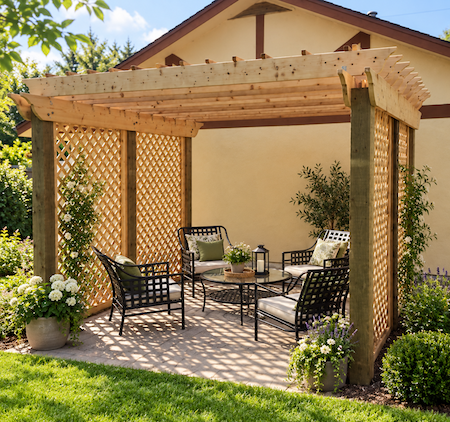 Copyright image: Jim's fabulous dining patio pergola with double beams and trellis made from the free pergola plans.