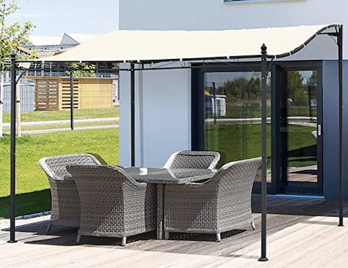 Modern attached metal pergola kit with awning.