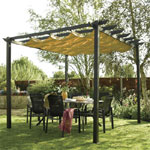 Metal pergola kit with retractable awning.