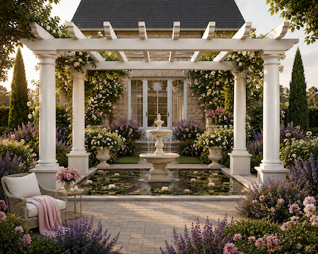 Copyright image: A fantastic white stone column pergola with gorgeous lily and and classical stone fountain.