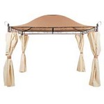 Metal gazebo with fabric shades.