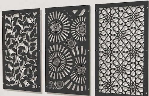 Metal, decorative screen panels.