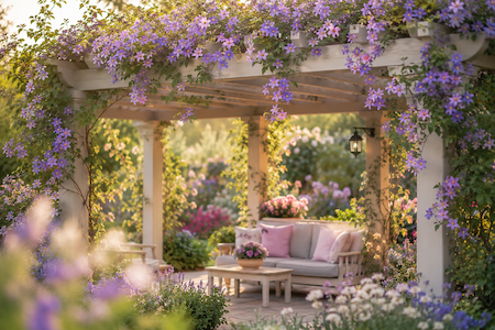 Copyright image: Fantastic purple solanum growing over pergola rafters. Copyright image: Fantastic purple solanum growing over pergola rafters.