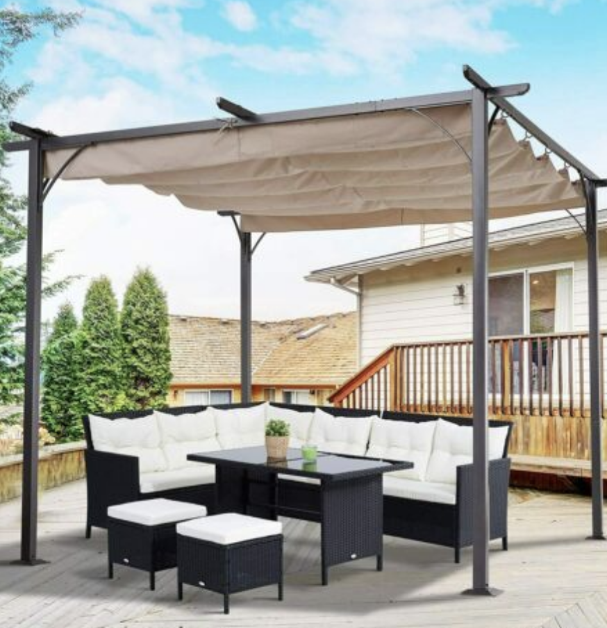 Aluminium pergola with retractable canopy.