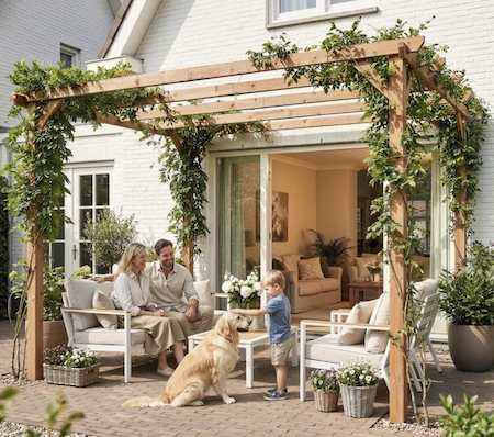 Traditional pergola set next to the house outside french windows.