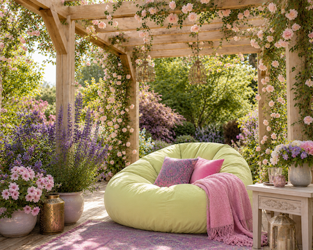 Copyright image: a dreamy pergola with gorgeous pale pink, purple, and green plants with a lime green outdoor bean bag.