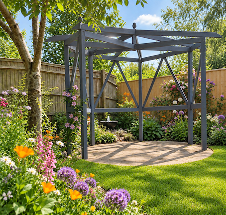 Copyright image: Adam's amazing and unusual hexagonal pergola with a pitched roof, triangular braces, clematis and flowers around a circular patio. Copyright image: Adam's amazing and unusual hexagonal pergola with a pitched roof, triangular braces, clematis and flowers around a circular patio.