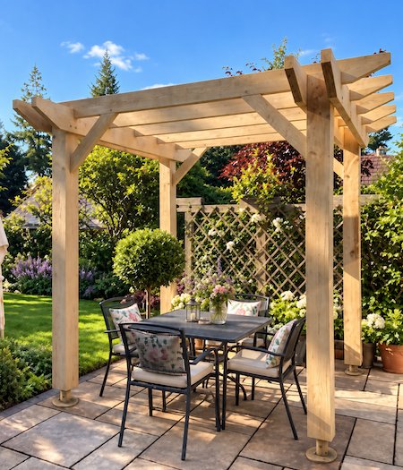 Copyright image: Alan's wonderful patio pergola made from the free pergola plans, with double beams and raised post anchors.