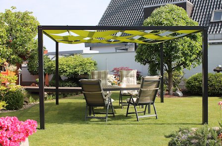 Modern metal pergola with retractable canopy and side panels.