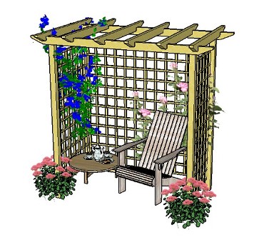 Copyright image: A seated arbour made from the pergola, arch and arbour plans.