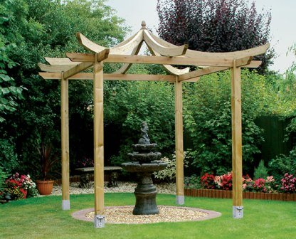 Asian dragon pergola with curved rafters. 