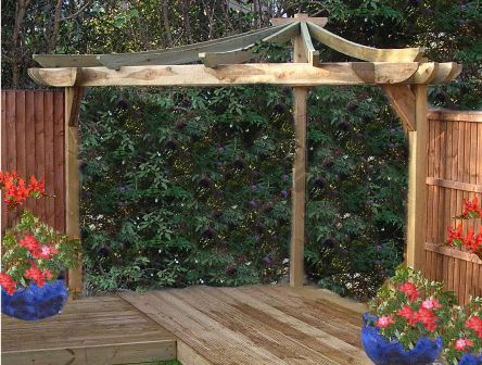 Copyright image: An unusual Asian corner pergola adapted from the step-by-step pergola plans.