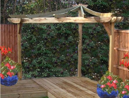 Copyright image: An unusual Asian corner pergola adapted from the step-by-step pergola plans. 