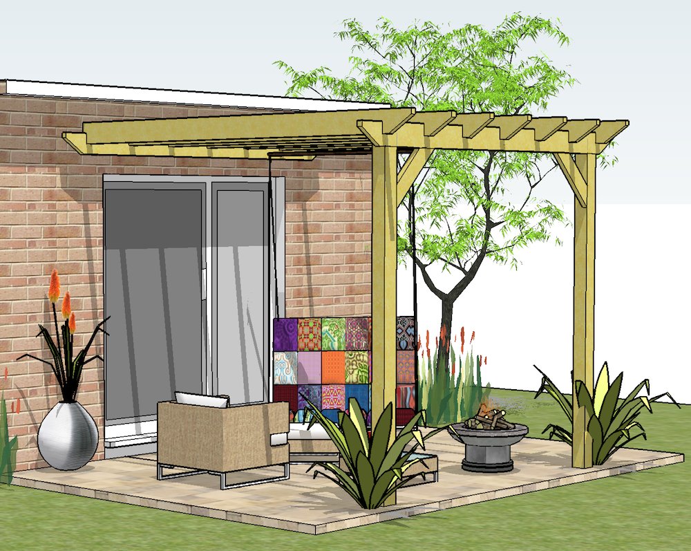 Copyright image: An attached pergola made from the plans, with a beautiful swing bench and accessories.