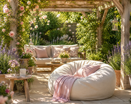 Gorgeous pale pink beanbag under a beautiful pergola with climbing roses.