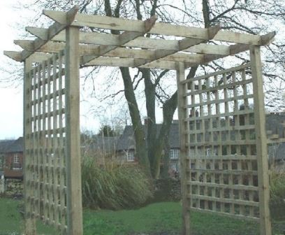 Copyright image:Wooden pergola made from the free pergola plans.