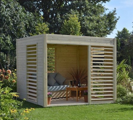 Gorgeous modern wooden pergola pod hideaway outdoor room.